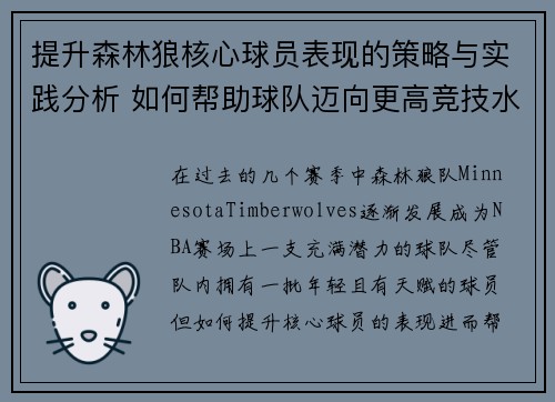 提升森林狼核心球员表现的策略与实践分析 如何帮助球队迈向更高竞技水平