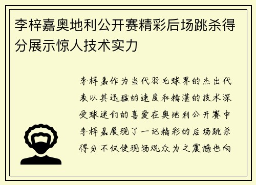 李梓嘉奥地利公开赛精彩后场跳杀得分展示惊人技术实力